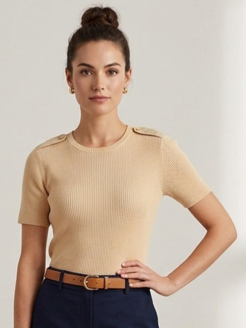 Lauren Ralph Lauren 100% Cotton Ribbed Knit Top‎ – Tan | Size PS (Petite Small)